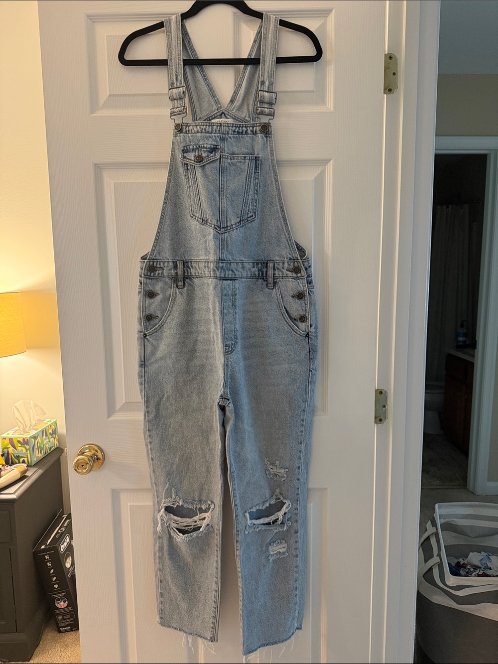 Light Wash Distressed Denim Overalls Jumpsuit
